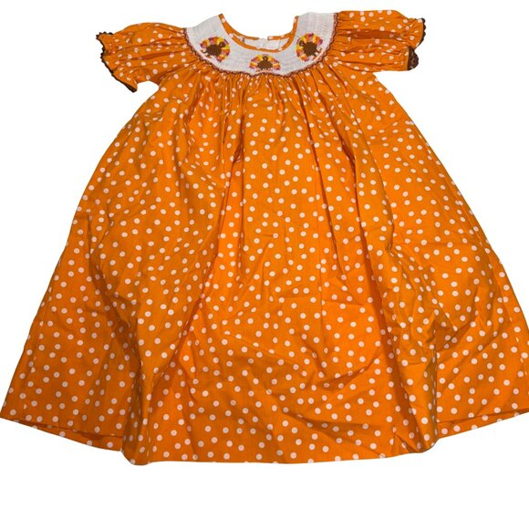 Southern Smocked Thanksgiving Turkey Embroidered Orange Polka Dot 2T Dress - Picture 1 of 7